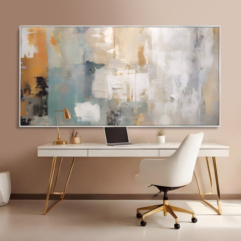 Tablou canvas cu pictura abstracta cu texturi alb, gri si turcoaz, in rama de aluminiu argintiu, pe perete intr-un birou